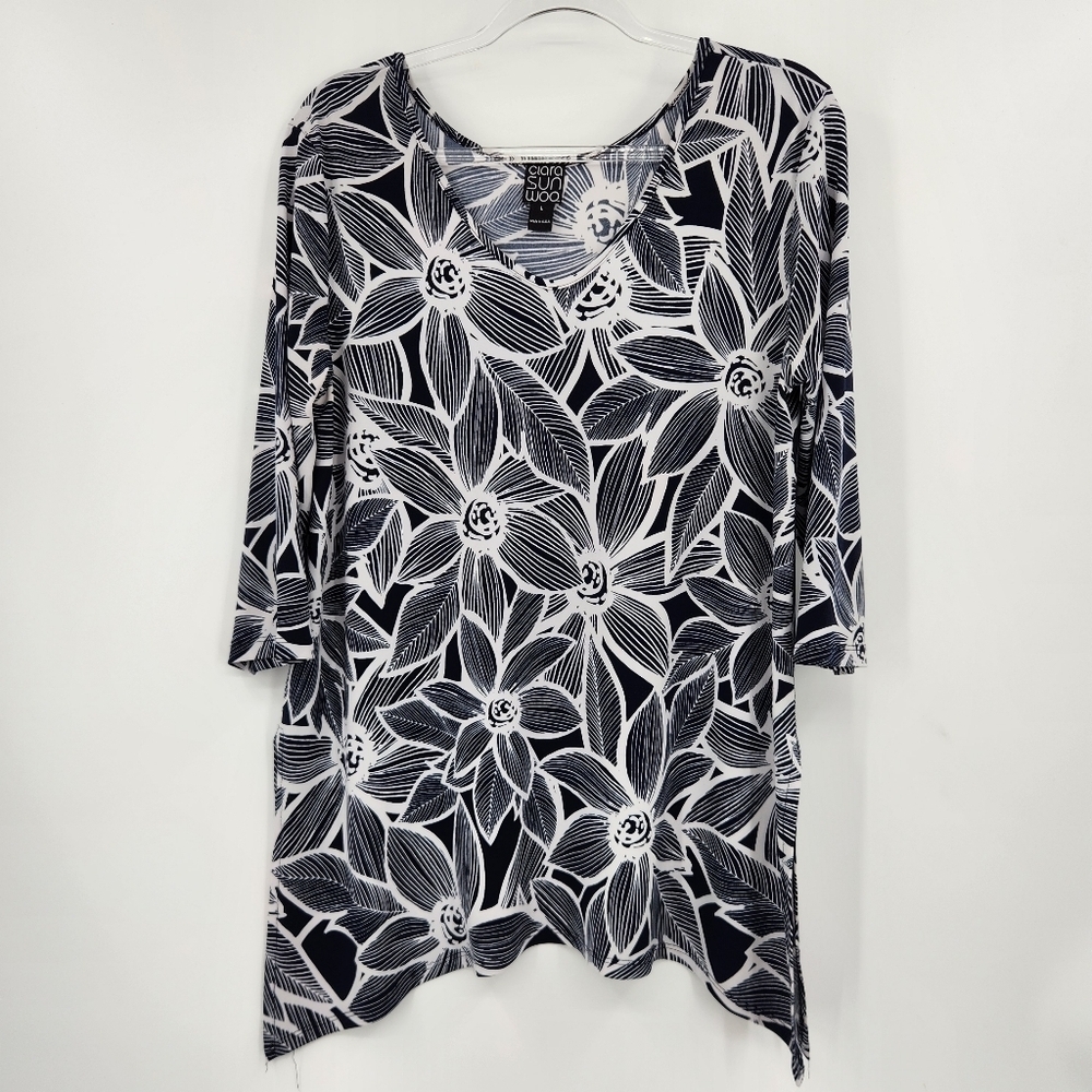 Clara Sun Woo Printed 3/4 Sleeve Tunic Top Womens Size Large Navy Blue White
